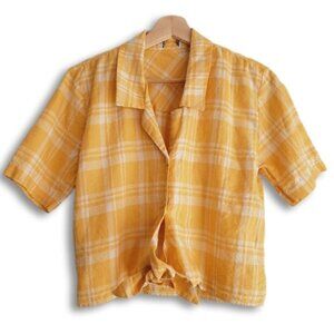 WILFRED FREE Aritzia 100% Linen Bottom Tie Plaid Shirt Top Yellow Sz S Flawed